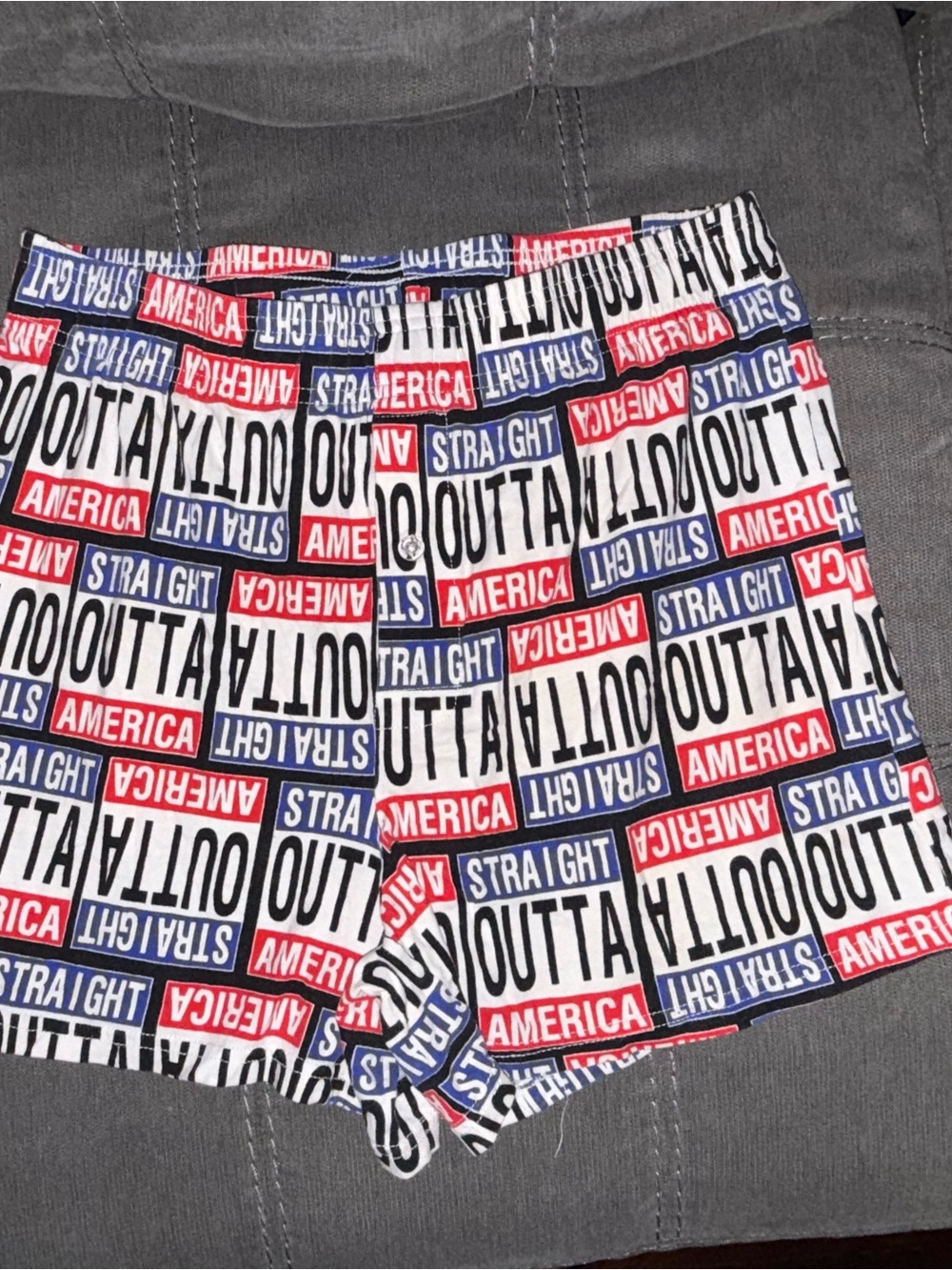 Source Unknown White Boxer-Style Athletic Shorts with Red & Blue Graphic Text